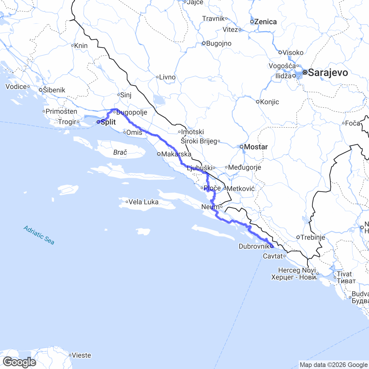 Route from Split to Dubrovnik